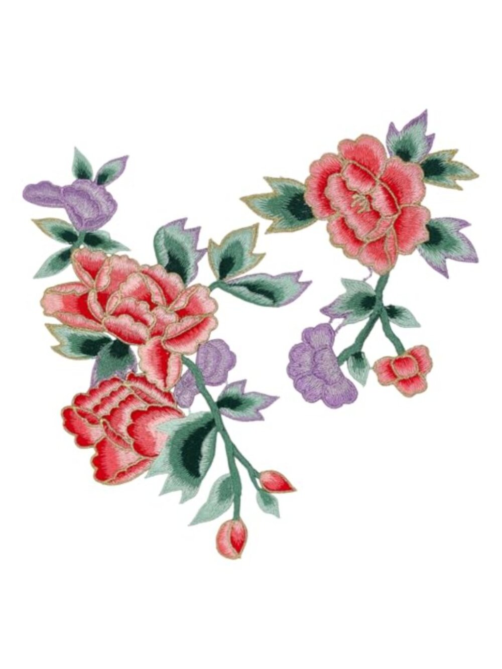 2 Pc Peony Flower Embroidery Patches Sew On Applique Set